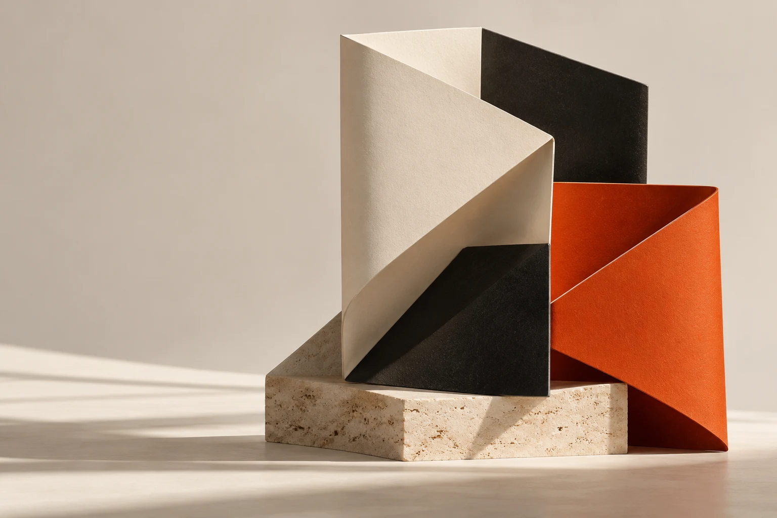 Abstract sculptural editorial composition in GRPL’s bone, ink and orange palette