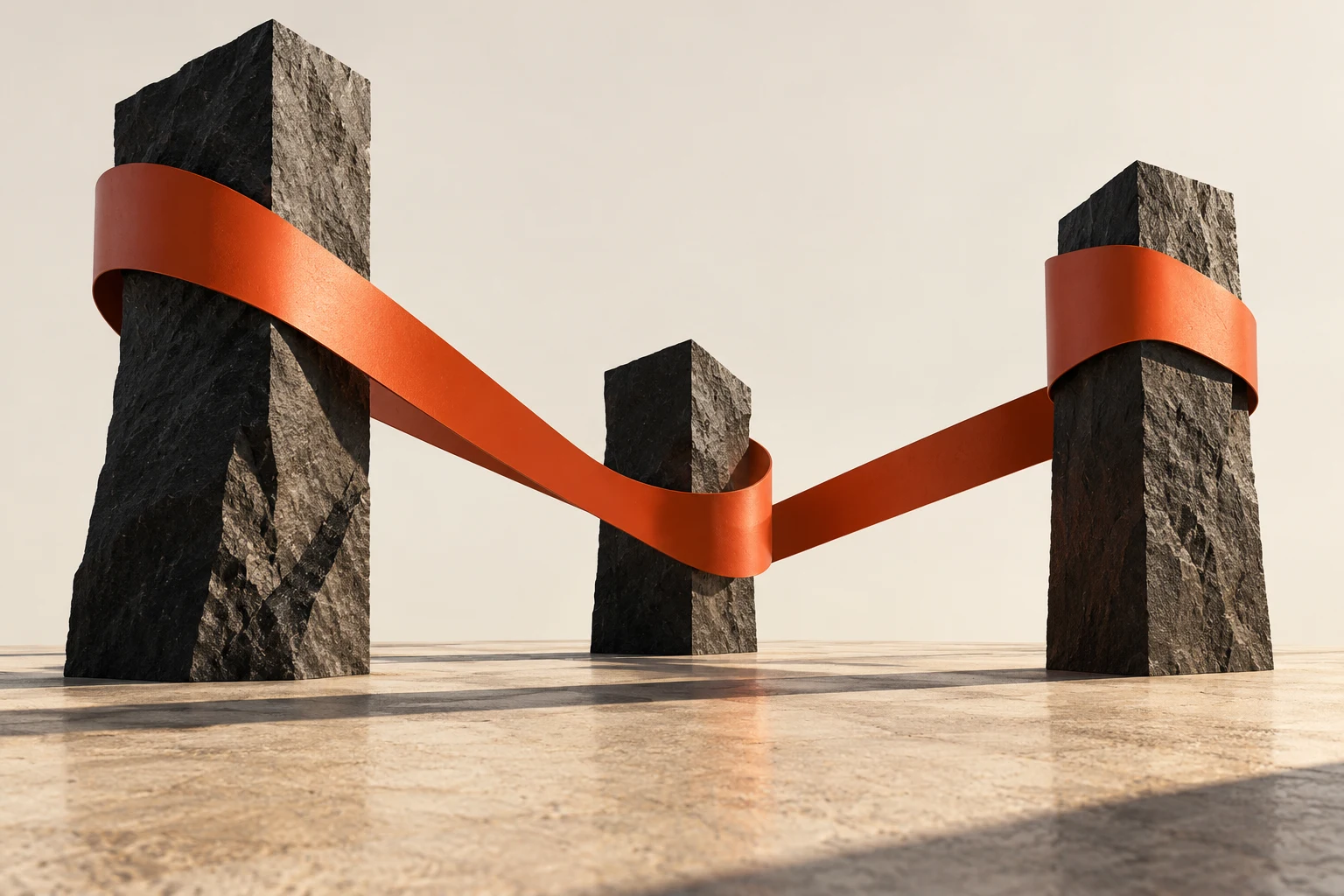 Abstract sculptural editorial composition in GRPL’s bone, ink and orange palette